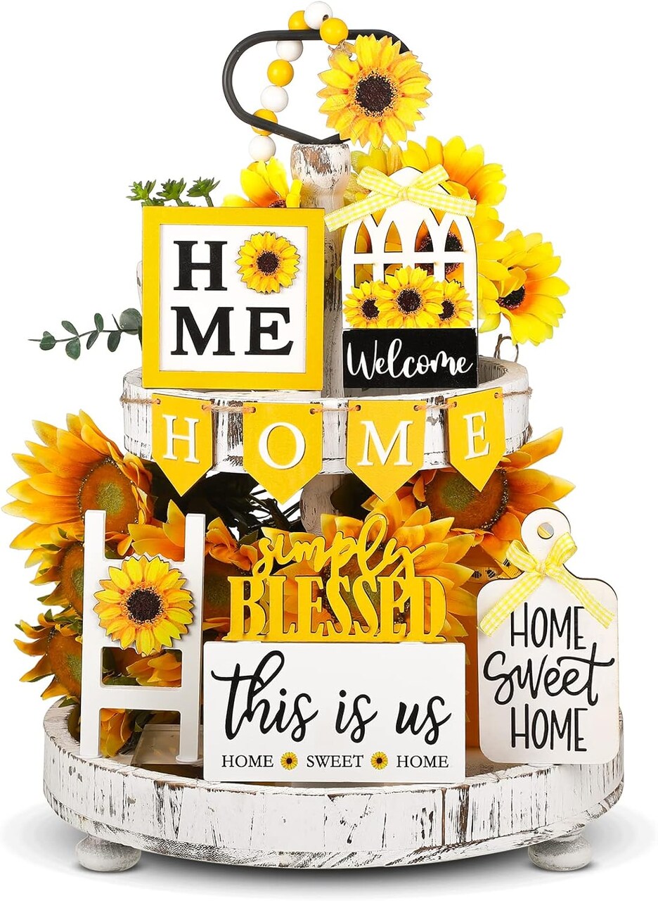 11PCS Sunflower Farmhouse Tiered Tray Decor – Rustic Wooden Tabletop & Shelf Signs